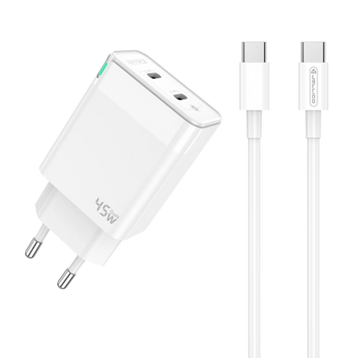 Cablu Jellico Incarcator priza C106 Gan PD 45W 2xUSB-C + Usb-c - Usb-c Alb