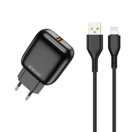 Cablu Jellico Incarcator priza C32 18W 1xUSB Qc3.0 + Lightning Negru