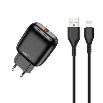Cablu Jellico Incarcator priza C32 18W 1xUSB Qc3.0 + Lightning Negru