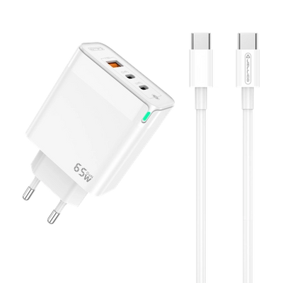 Cablu Jellico Incarcator priza C79 Gan PD 65W 2xUSB-C + 1xUSB Qc3.0 + Usb-c - Usb-c Alb