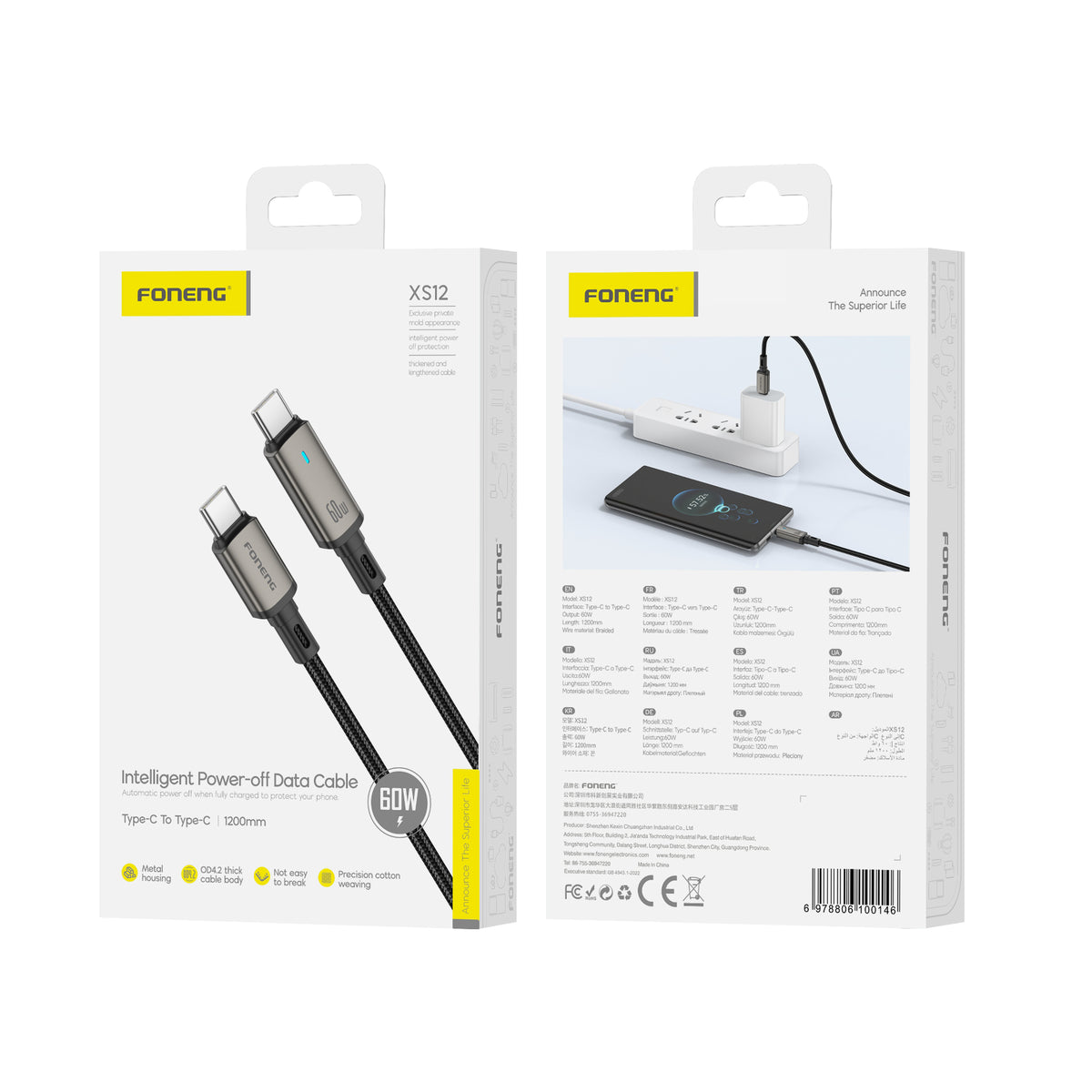 Cablu Foneng Xs12 Usb-c - Usb-c PD 60W 1.2M Negru