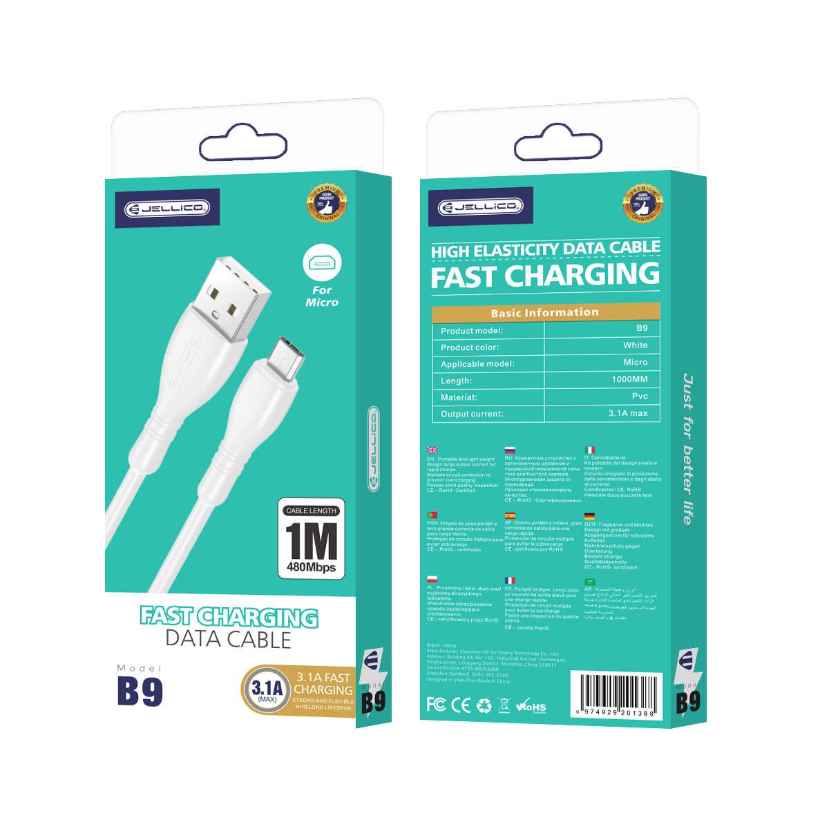 Cablu Jellico B9 Micro USB 3.1A 1M Alb