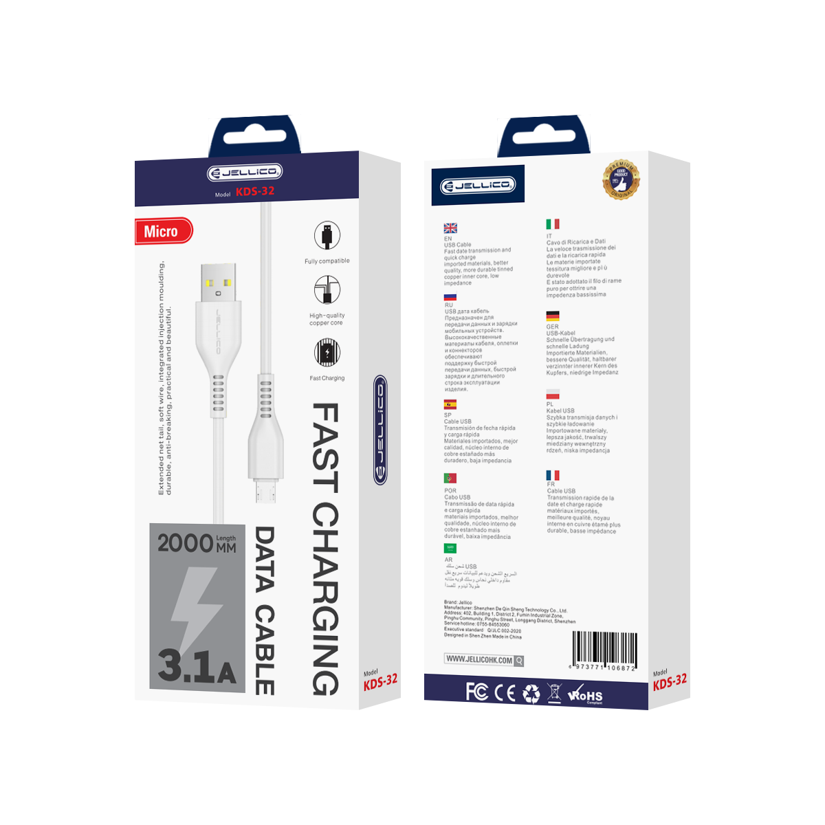 Cablu Jellico Kds-32 Micro USB 3.1A 2M Alb