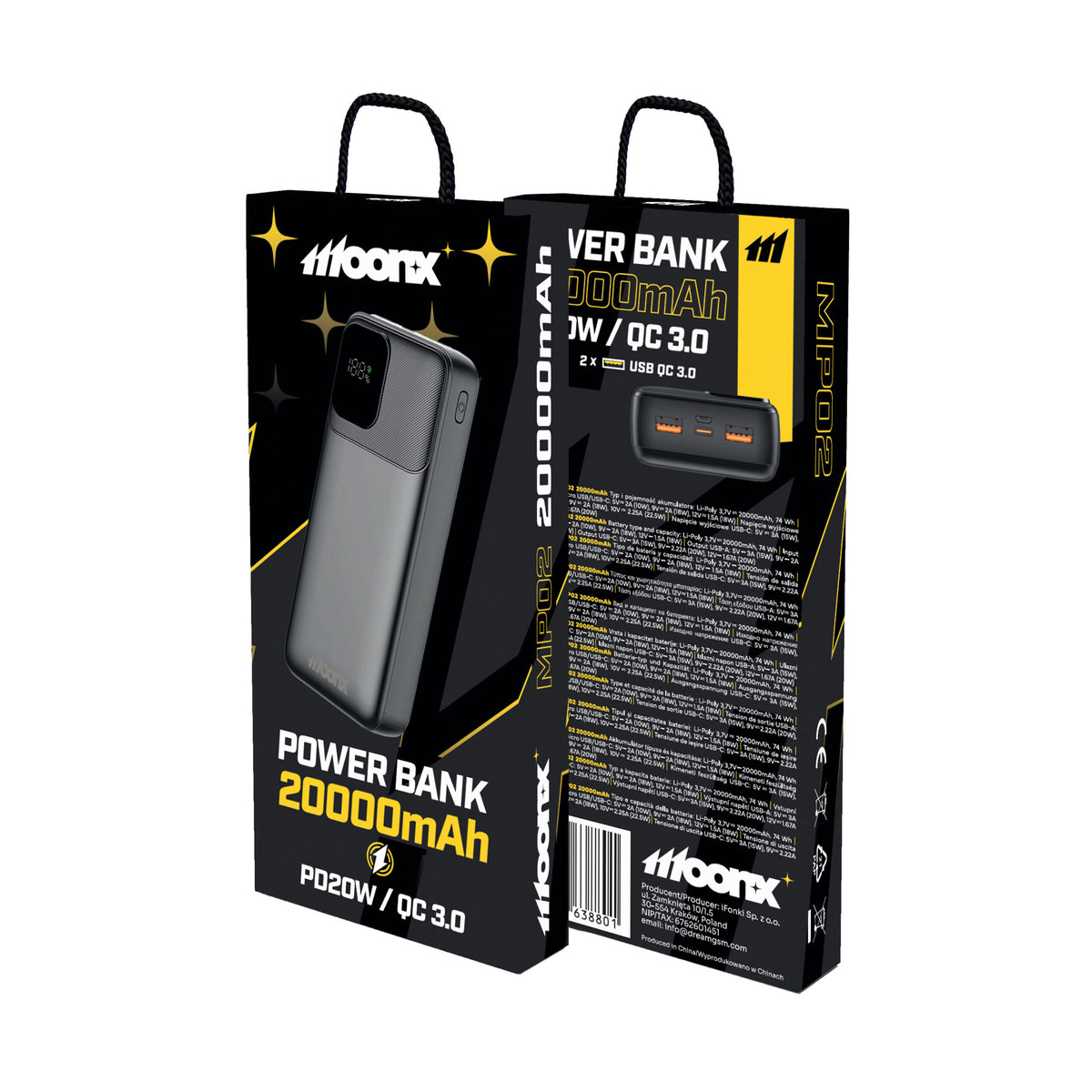 Acumulator extern Moonx Mp02 PD 20W 1xUSB-C + 2xUSB Qc3.0 22.5W 20000mAh Negru