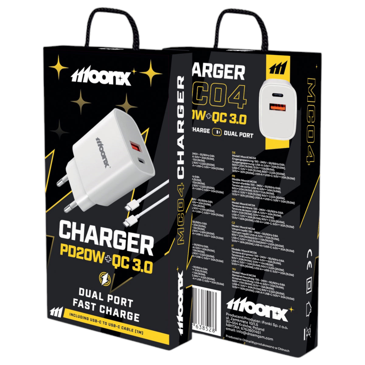 Cablu Moonx Incarcator priza Mc04 PD 20W 1xUSB-C + 1xUSB Qc3.0 + Usb-c - Usb-c Alb