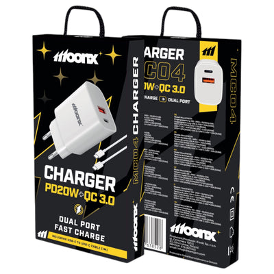 Cablu Moonx Incarcator priza Mc04 PD 20W 1xUSB-C + 1xUSB Qc3.0 + Usb-c - Usb-c Alb