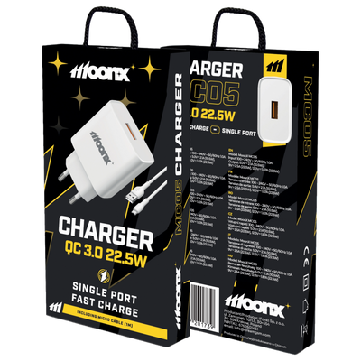 Cablu Moonx Incarcator priza Mc05 22,5W 1xUSB Qc3.0 + Micro USB Alb