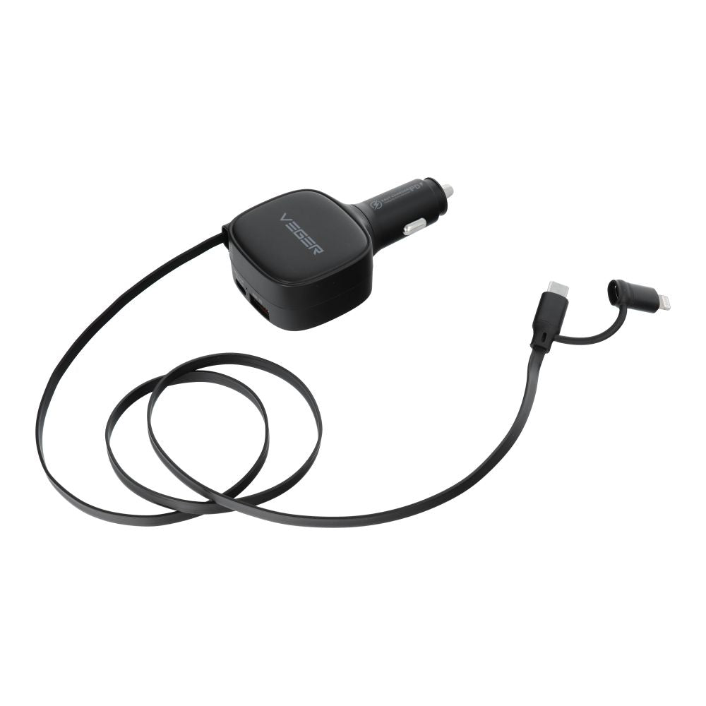 Cablu Incarcator auto Veger USB C + USB C / Lightning QC PD 84W Cc89 Negru