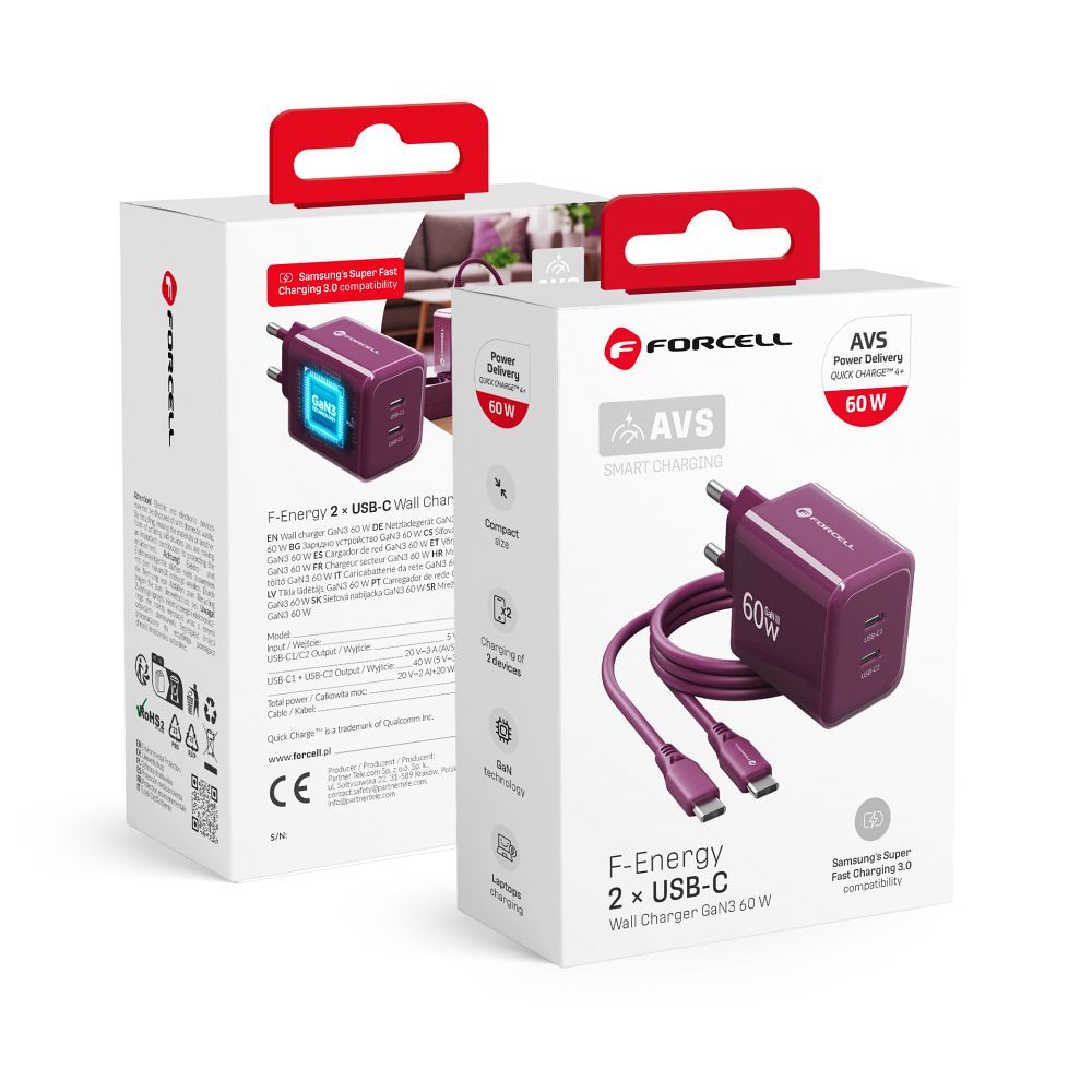Cablu Forcell Phone Incarcator F-energy Gan III Crystal Color 2x USB C AVS Ssfc3.0 60W + Silicone USB C To USB C Vt-60 B