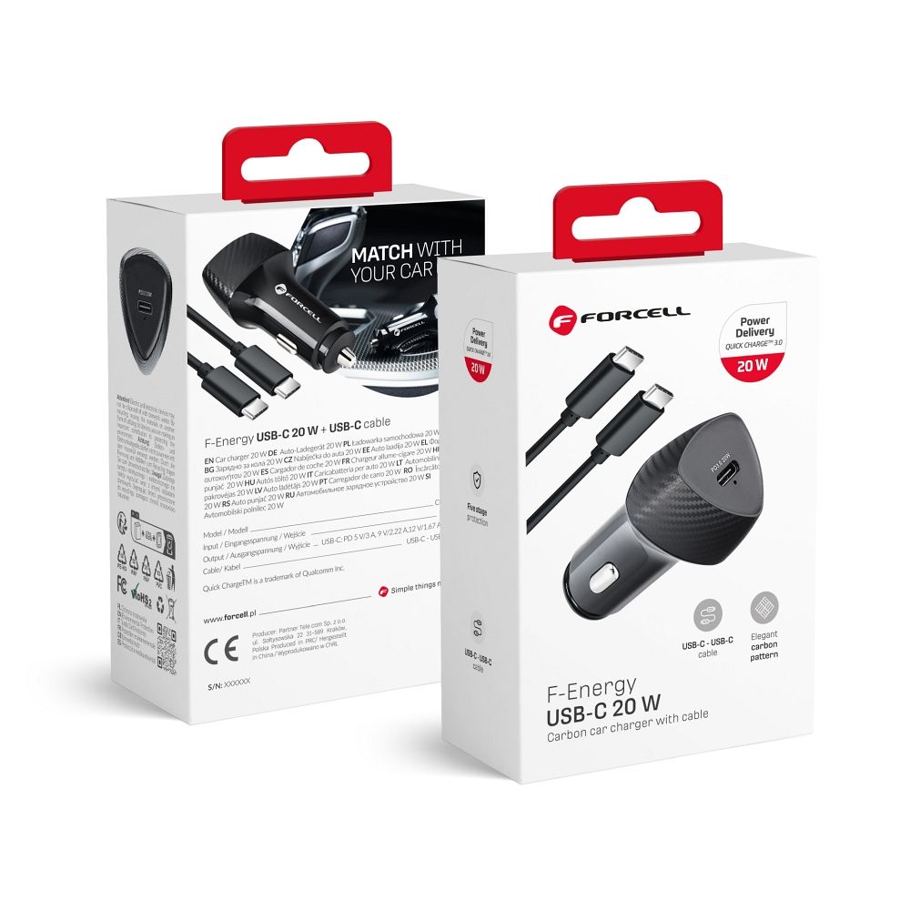 Cablu Forcell Incarcator auto F-energy Carbon USB C Qc3.0 PD 3A 20W + USB C To USB C Negru