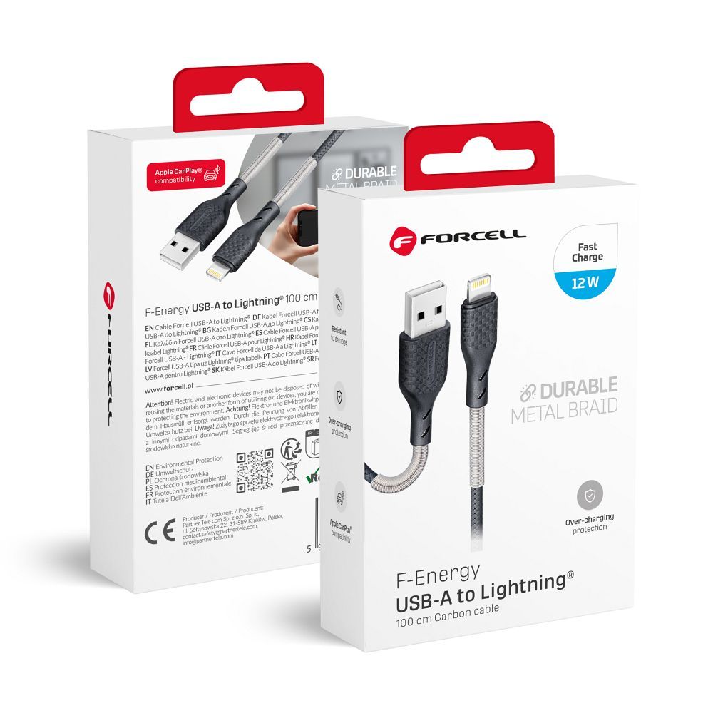 Cablu Forcell USB A To Lightning F-energy 2,4A 12W Carbon 1 M Negru