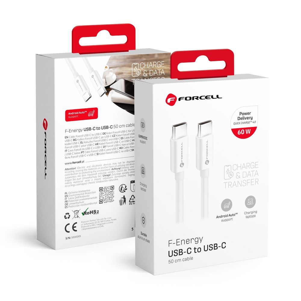 Cablu Forcell USB C To USB C F-energy Qc4.0 PD 3A 60W 0,5 M C338 Alb