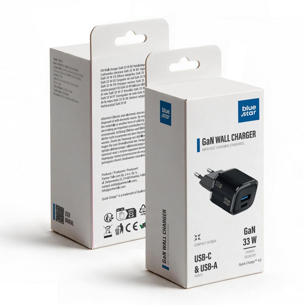 Incarcator Albastru Star Phone Nano Gan USB C + USB A Qc4.0 PD 3A 33W Negru
