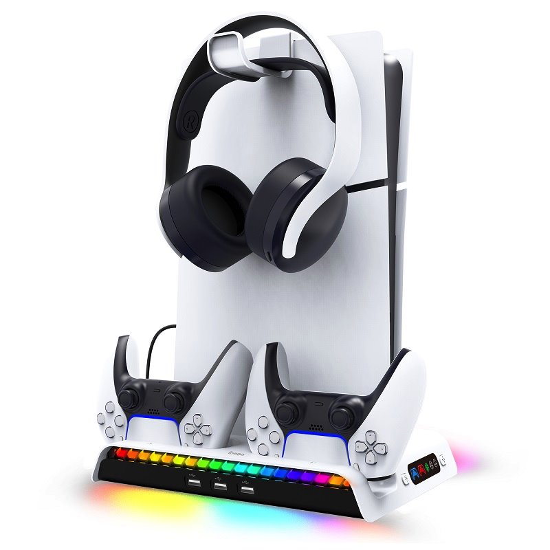 Incarcator priza Ipega Multifunctional Charging RGB Stand cu Cooling pentru PS5 Slim Alb