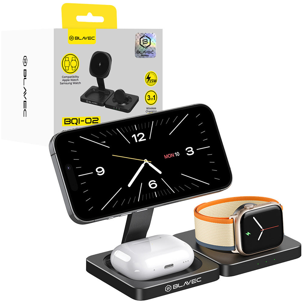 Incarcator Blavec Induction Bqi-02 Qi 15W Magnetic Magsafe 3 In 1 Apple/Samsung Watch Negru