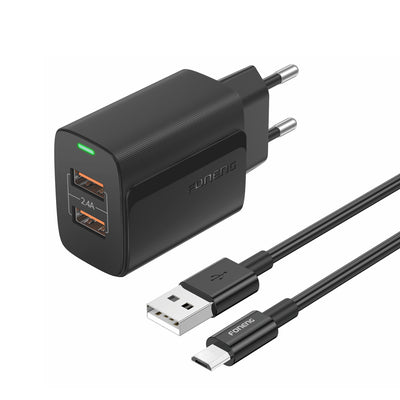 Cablu Foneng Incarcator priza Eu63 2.4A 12W 2xUSB + Micro Negru