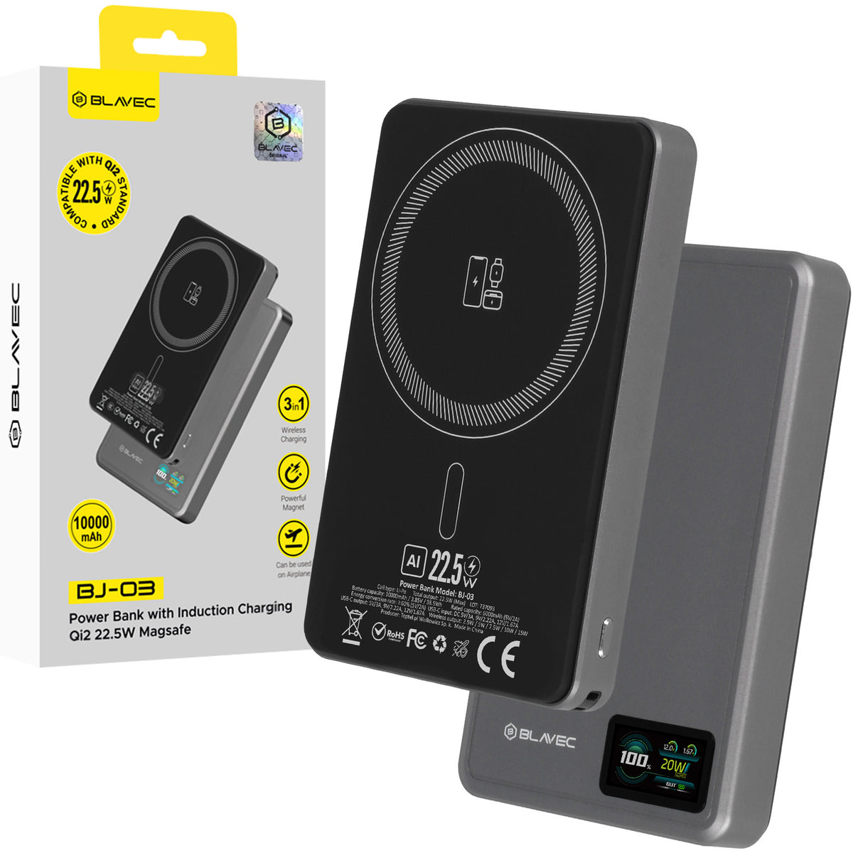 Acumulator extern Blavec 10000mAh Bj-03 Slim 13,5mm - Type C - 22,5W Magnetic Magsafe 3 In 1 Gri Aluminum