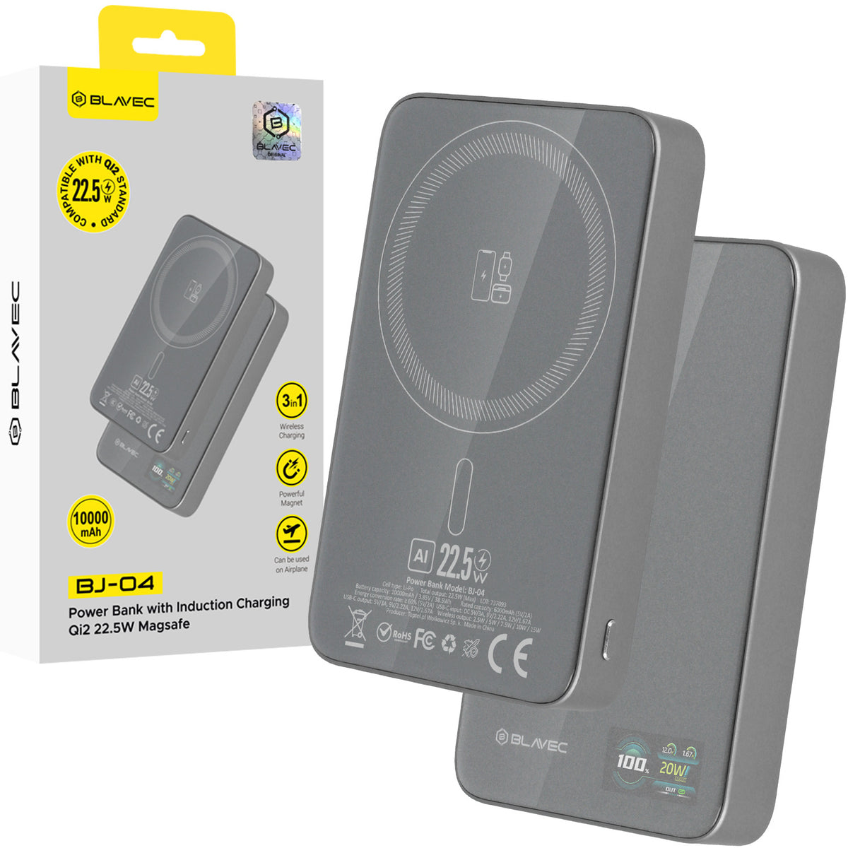 Acumulator extern Blavec 10000mAh Bj-04 Slim 13,5mm - Type C - 22,5W Magnetic Magsafe 3 In 1 Gri sticla