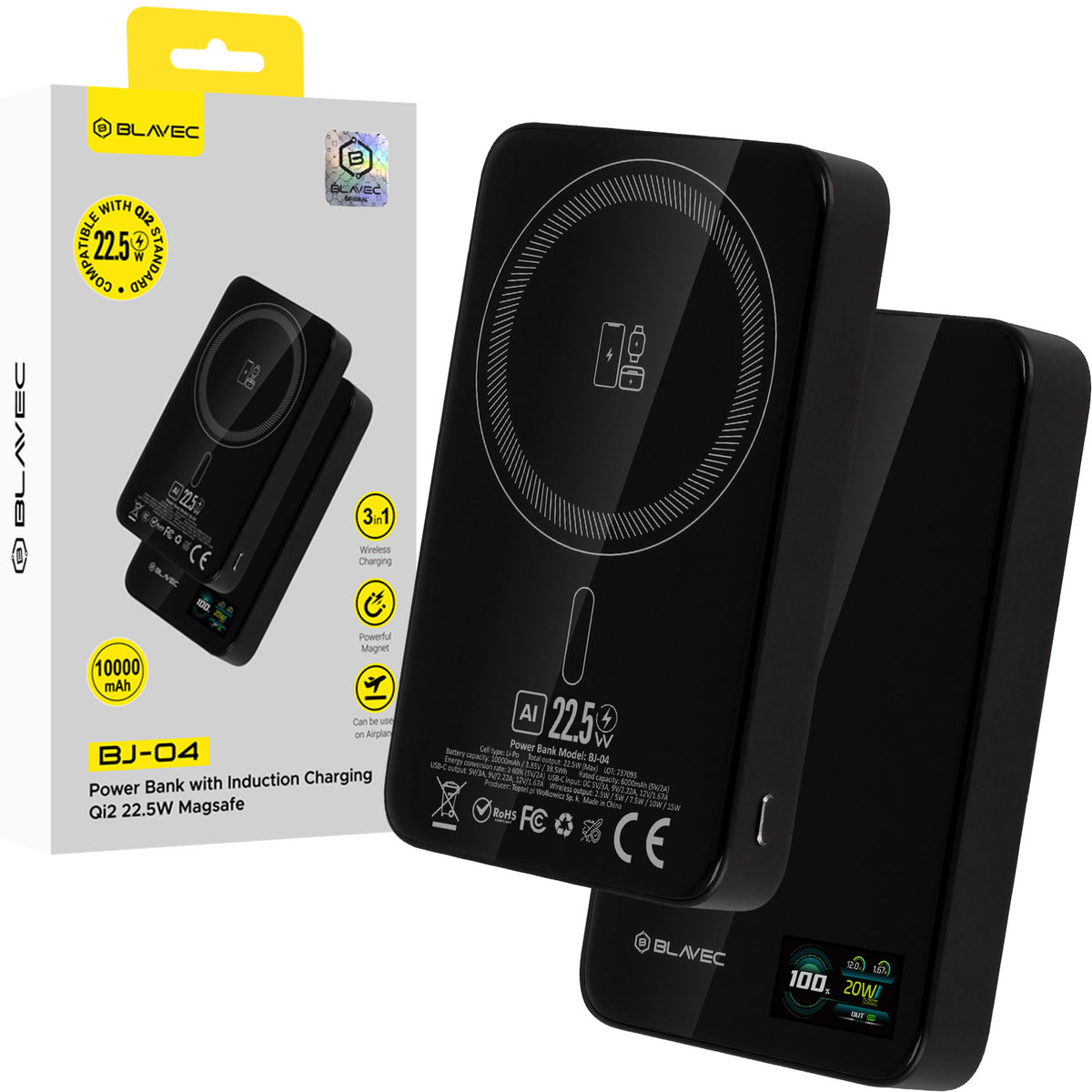 Acumulator extern Blavec 10000mAh Bj-04 Slim 13,5mm - Type C - 22,5W Magnetic Magsafe 3 In 1 Negru sticla