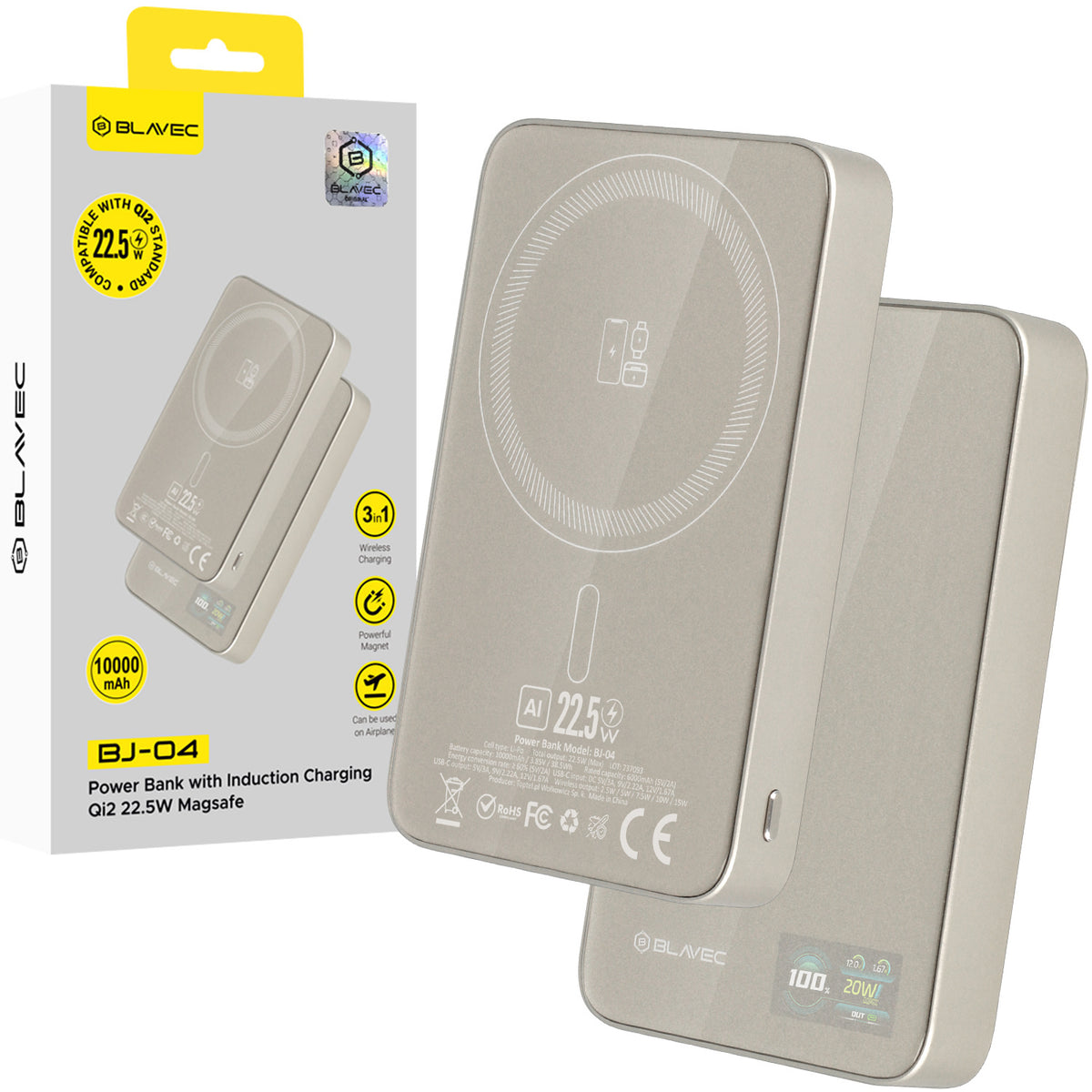 Acumulator extern Blavec 10000mAh Bj-04 Slim 13,5mm - Type C - 22,5W Magnetic Magsafe 3 In 1 Auriu sticla