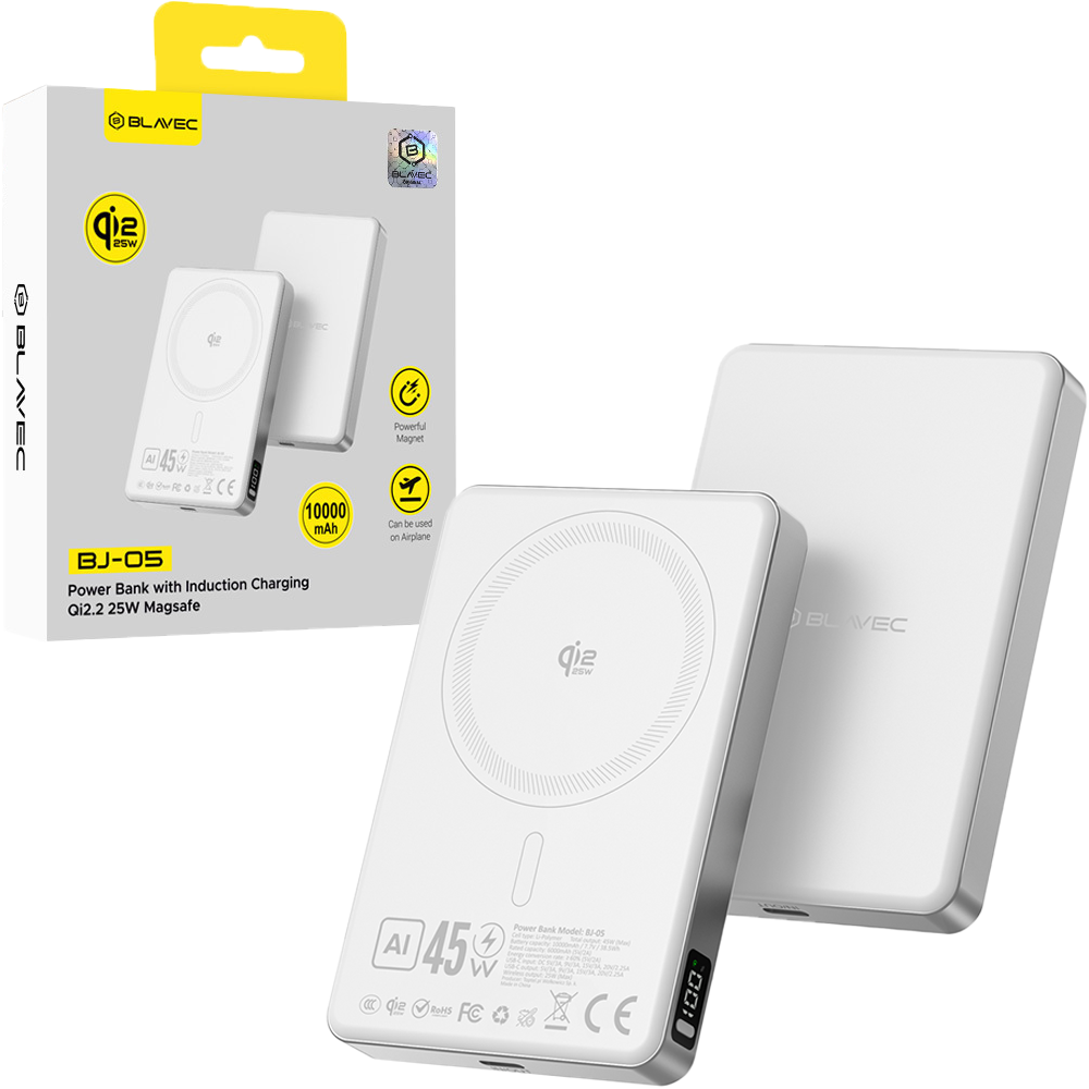 Acumulator extern Blavec 10000mAh Bj-05 Ultra Fast 16mm - Type C - Qi2.2 25W + PD 45W Magnetic Induction Magsafe 2 In 1 