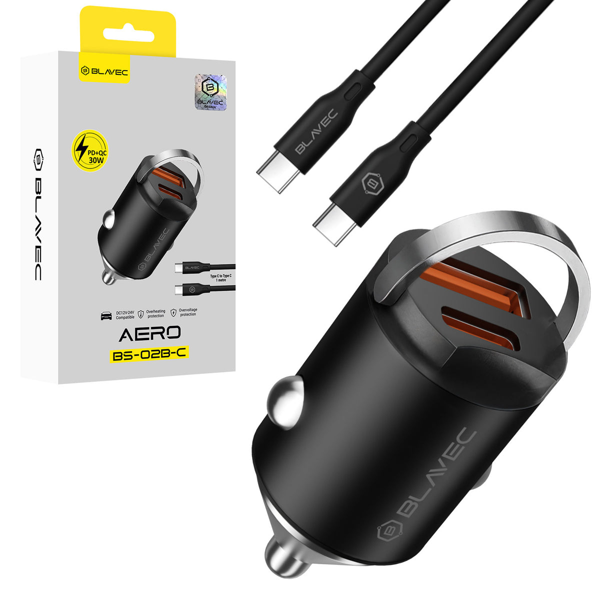 Cablu Blavec Incarcator auto Aero - USB + Type C - QC 3.0 18W PD 30W cu Type C To Type C (Ccbs02bca-ucb) Negru