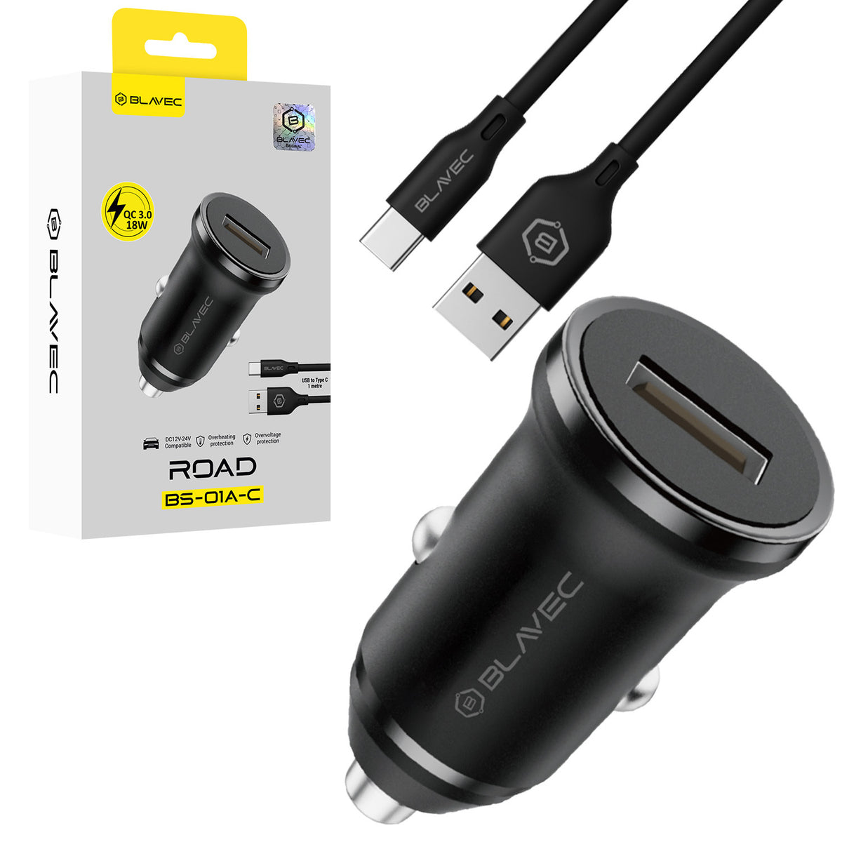 Cablu Blavec Incarcator auto Road - USB - QC 3.0 18W cu USB To Type C (Ccbs01acr-ub) Negru