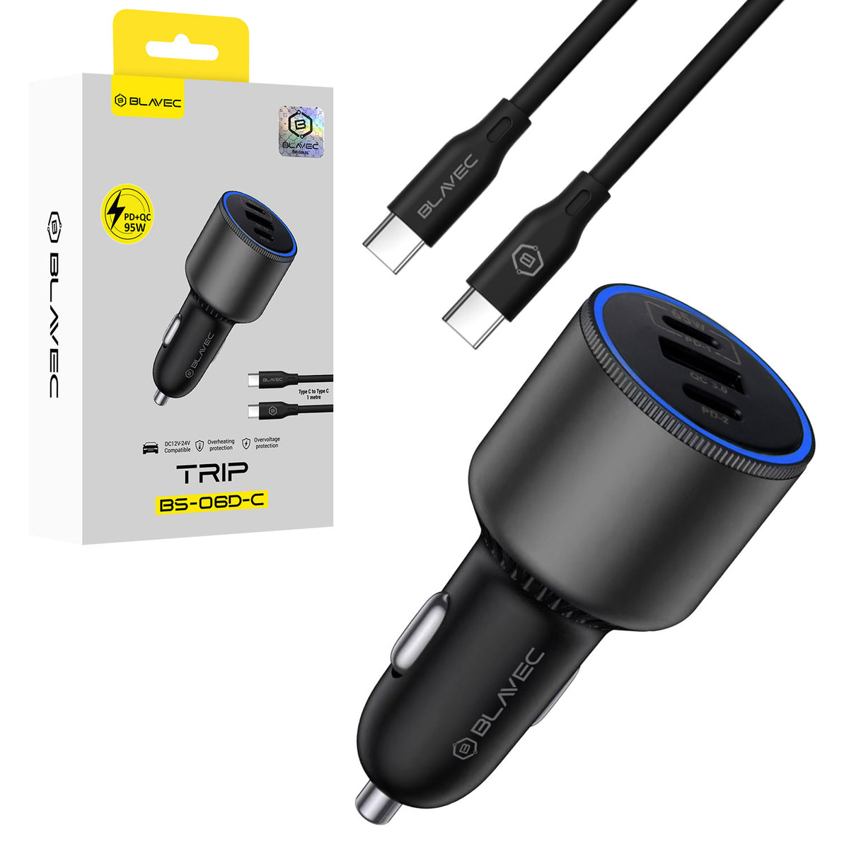 Incarcator auto Blavec Bs-06d-c Trip - USB + 2xType C - QC 3.0 18W PD 65W cu Type C To Type C (Ccbs06dcq-u2cb) Negru