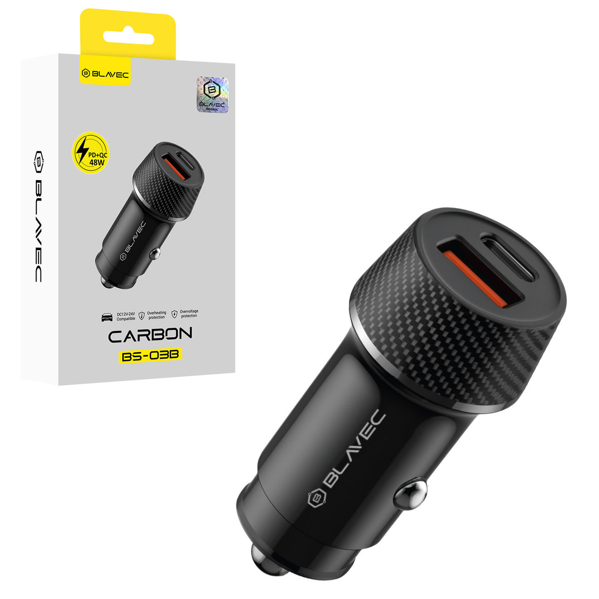 Incarcator auto Blavec Carbon - USB + Typ C - QC 3.0 18W PD 30W (Ccbs03bc-ucb) Negru