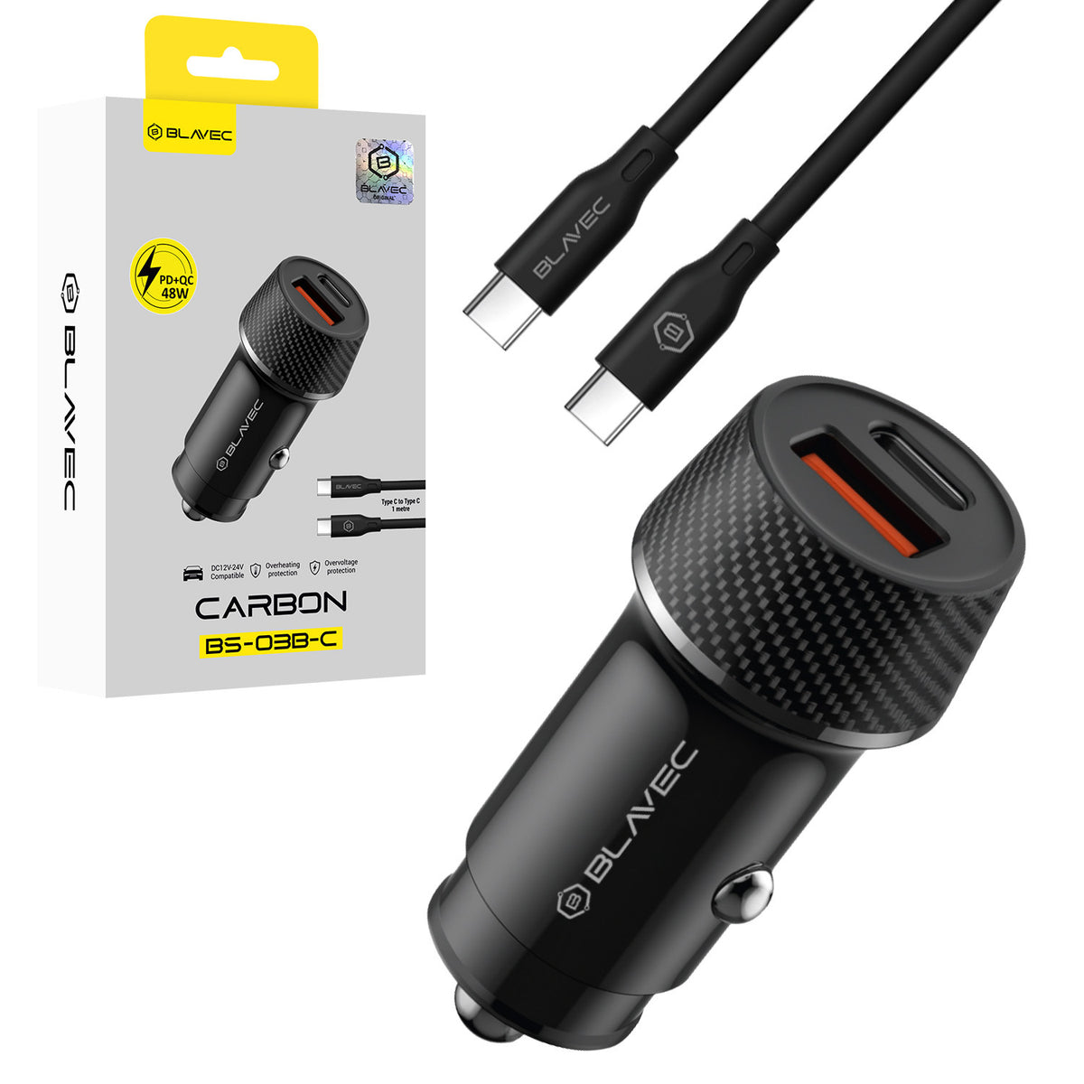 Incarcator auto Blavec Carbon - USB + Typ C - QC 3.0 18W PD 30W Z Kablem Typ C Na Typ C (Ccbs03bc-ucb) Negru