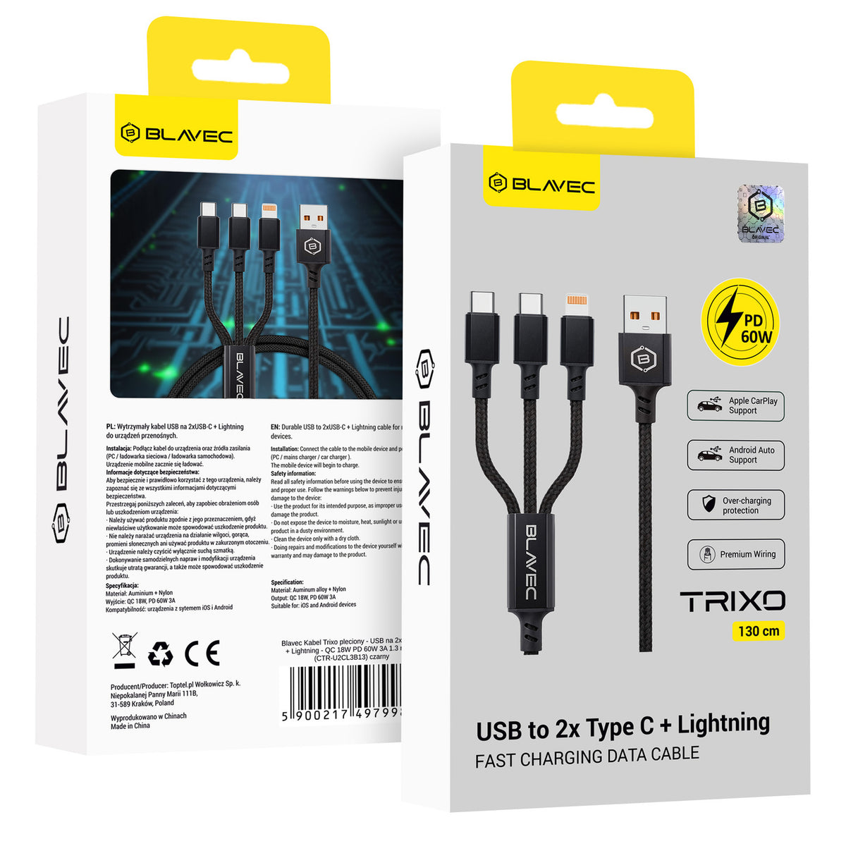 Cablu Blavec Trixo Braided - USB To 2xType C + Lightning - QC 18W Pd60w 3A 1,3 Metres (Ctr-u2cl3b13) Negru