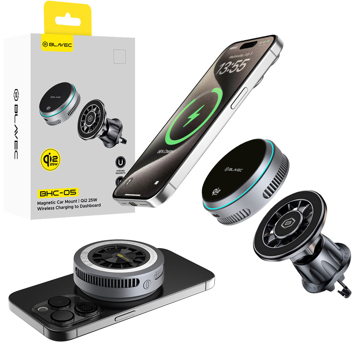 Suport auto Blavec Qi2.2 25W Magnetically Detachable cu Induction Charging si Active Cooling To Airvent Negru