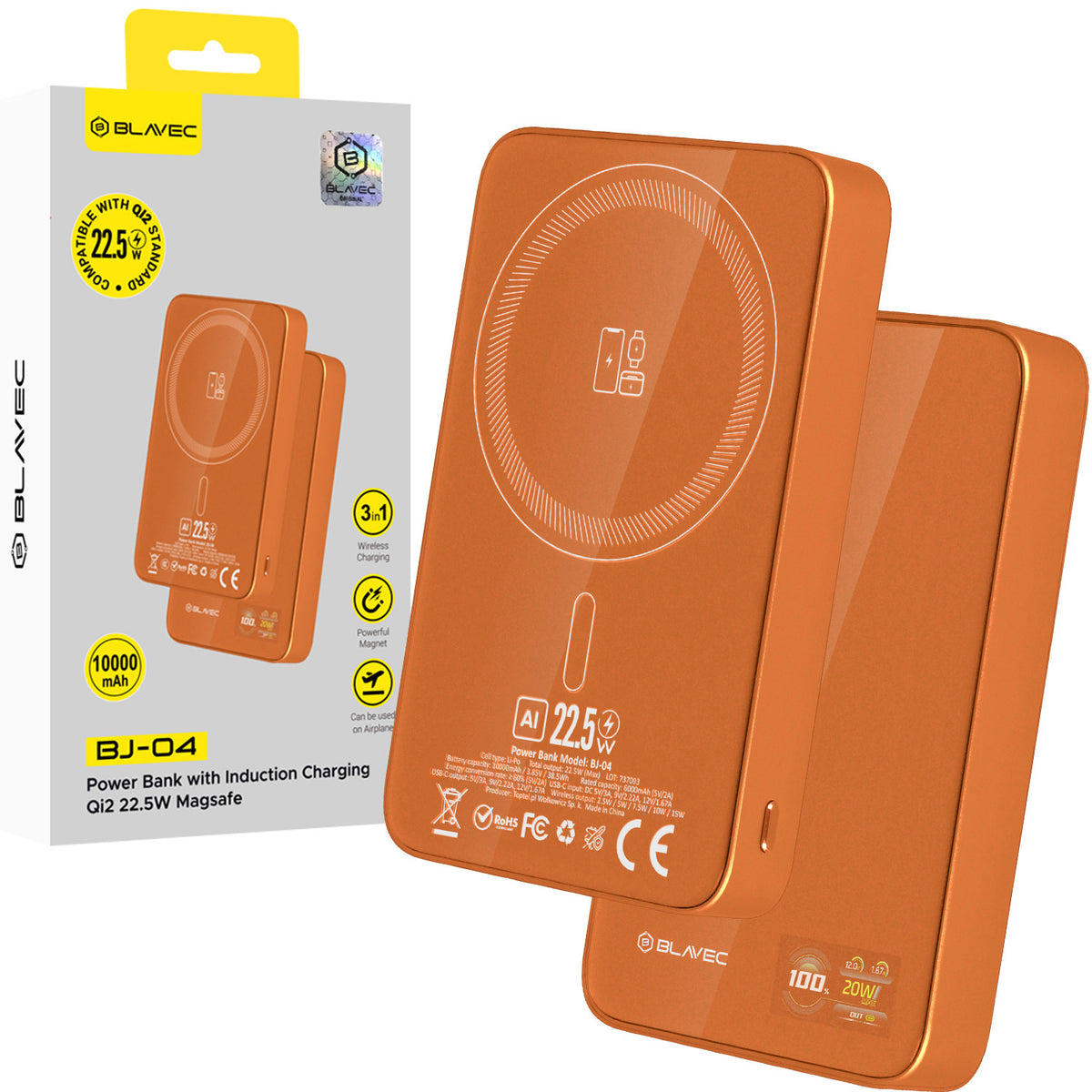 Acumulator extern Blavec 10000mAh Bj-04 Slim 13,5mm - Type C - 22,5W Magnetic Magsafe 3 In 1 Portocaliu sticla