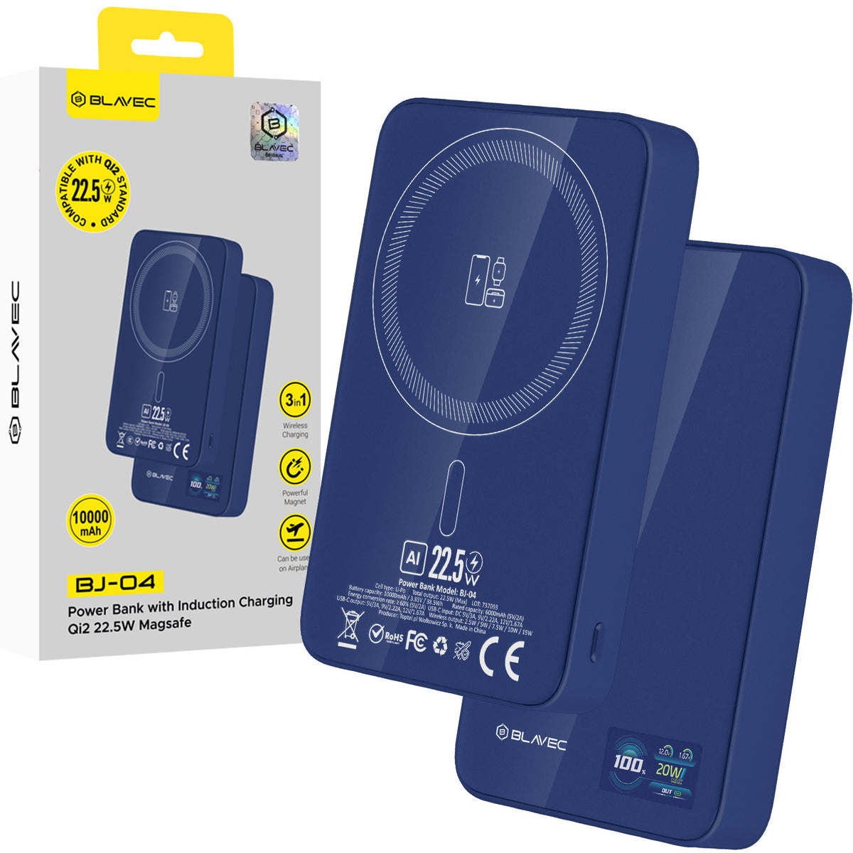Acumulator extern Blavec 10000mAh Bj-04 Slim 13,5mm - Type C - 22,5W Magnetic Magsafe 3 In 1 Navy sticla