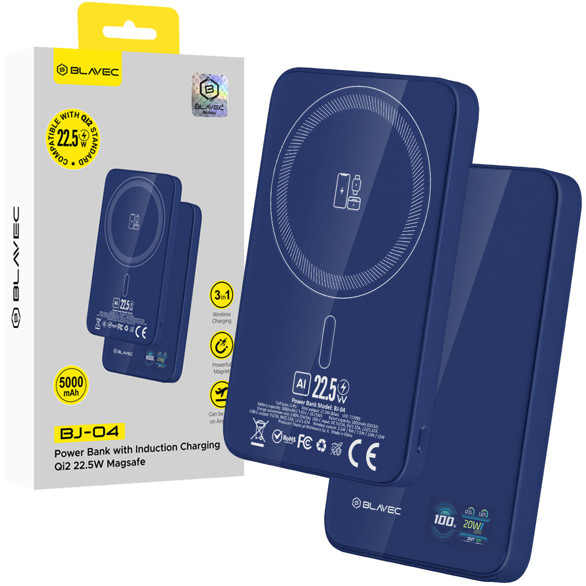 Acumulator extern Blavec 5000mAh Bj-04 Ultra Slim 7,8mm - Type C - 22,5W Magnetic Magsafe 3 In 1 Navy sticla