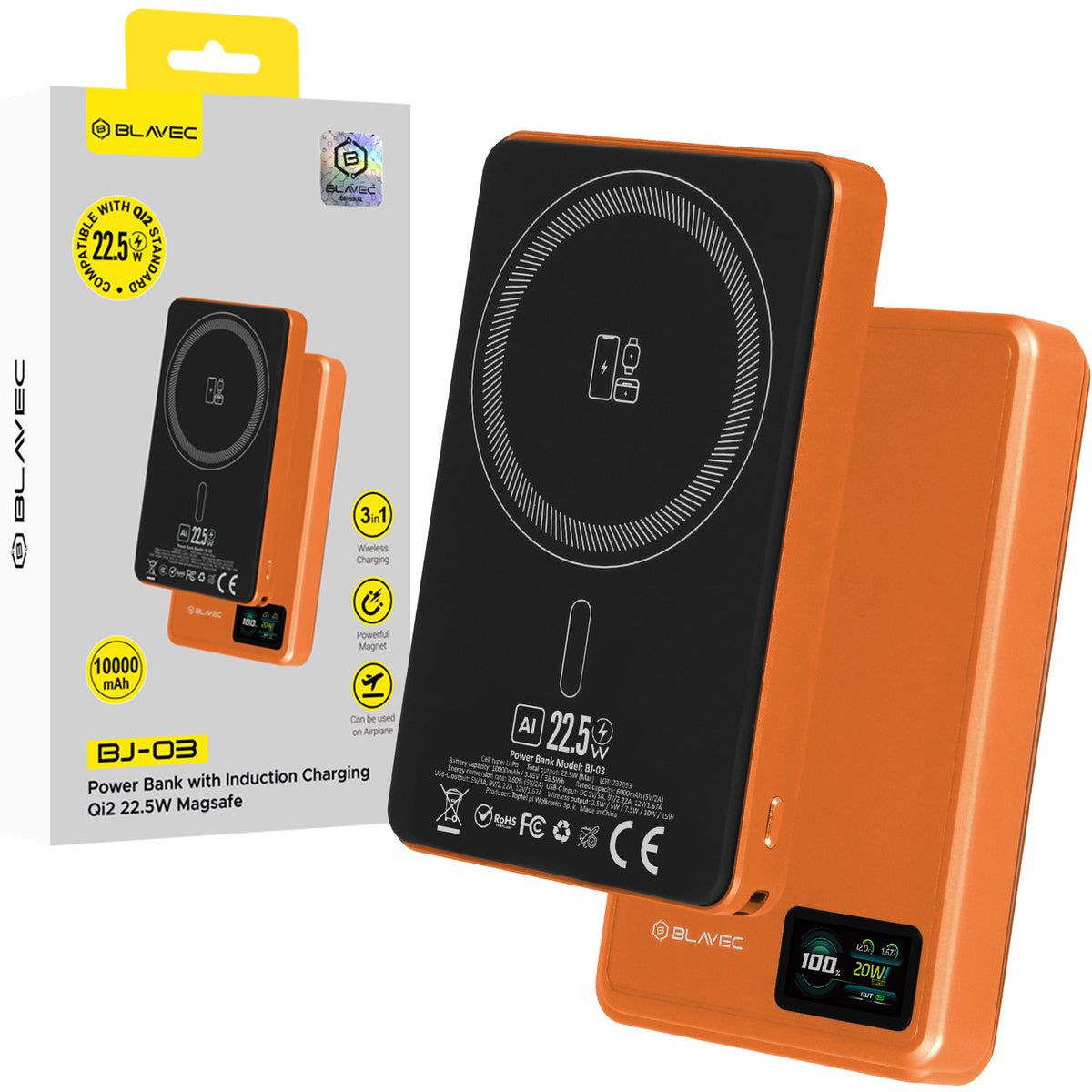 Acumulator extern Blavec 10000mAh Bj-03 Slim 13,5mm - Type C - 22,5W Magnetic Magsafe 3 In 1 Portocaliu Aluminum