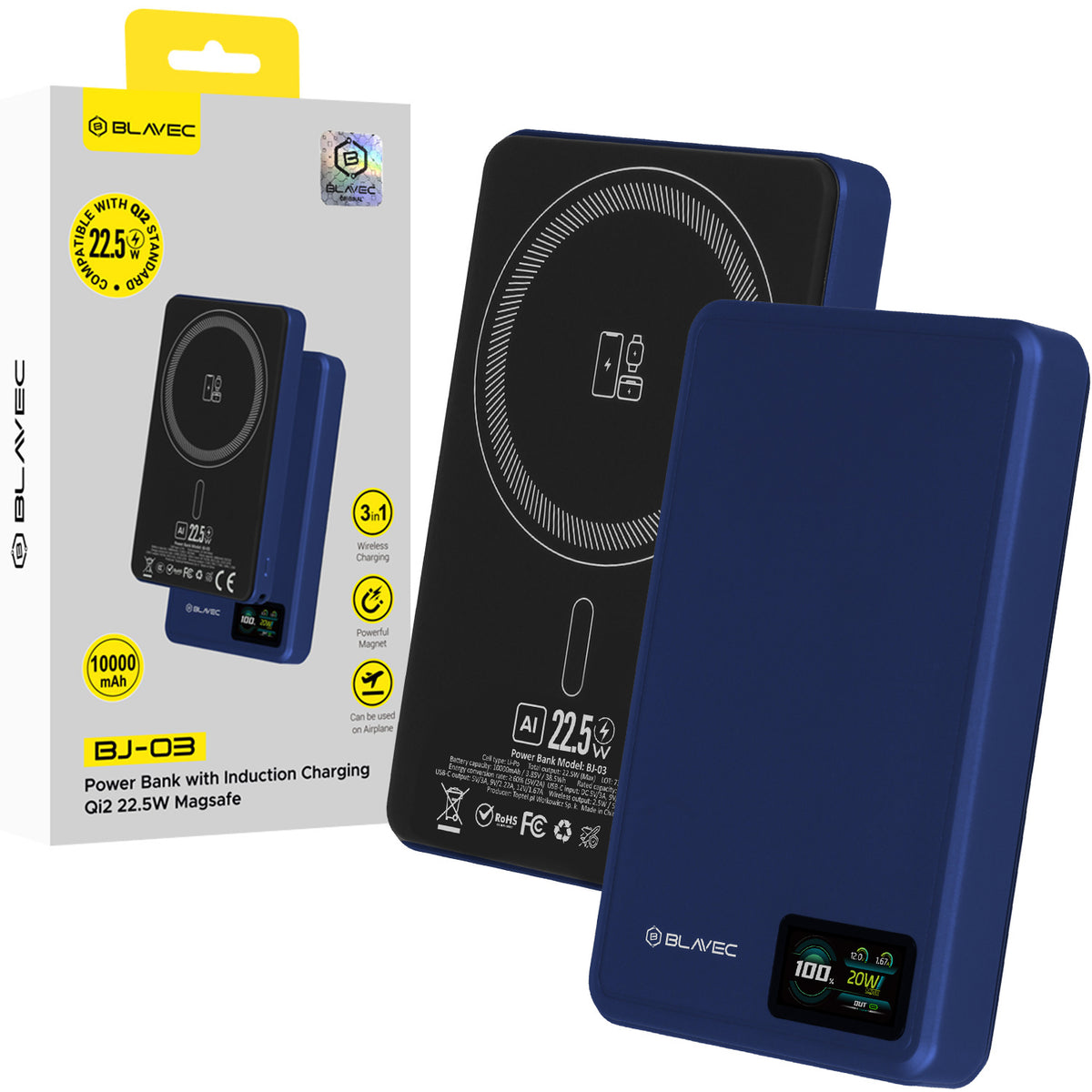Acumulator extern Blavec 10000mAh Bj-03 Slim 13,5mm - Type C - 22,5W Magnetic Magsafe 3 In 1 Navy Aluminum