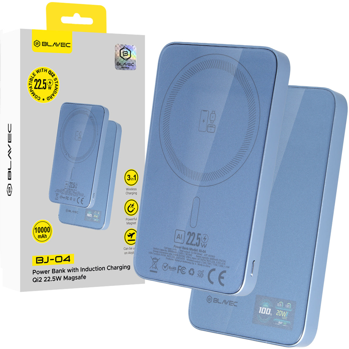 Acumulator extern Blavec 10000mAh Bj-04 Slim 13,5mm - Type C - 22,5W Magnetic Magsafe 3 In 1 Lightblue sticla
