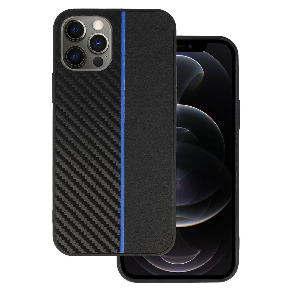 Husa Tel Protect Carbon pentru iPhone 12 Pro Max Negru cu Albastru Stripe