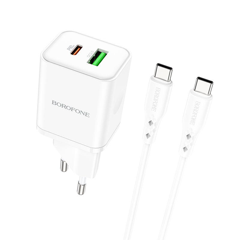Cablu Borofone Incarcator priza BN7 - USB + Type C - QC 3.0 PD 20W cu Type C To Type C Alb