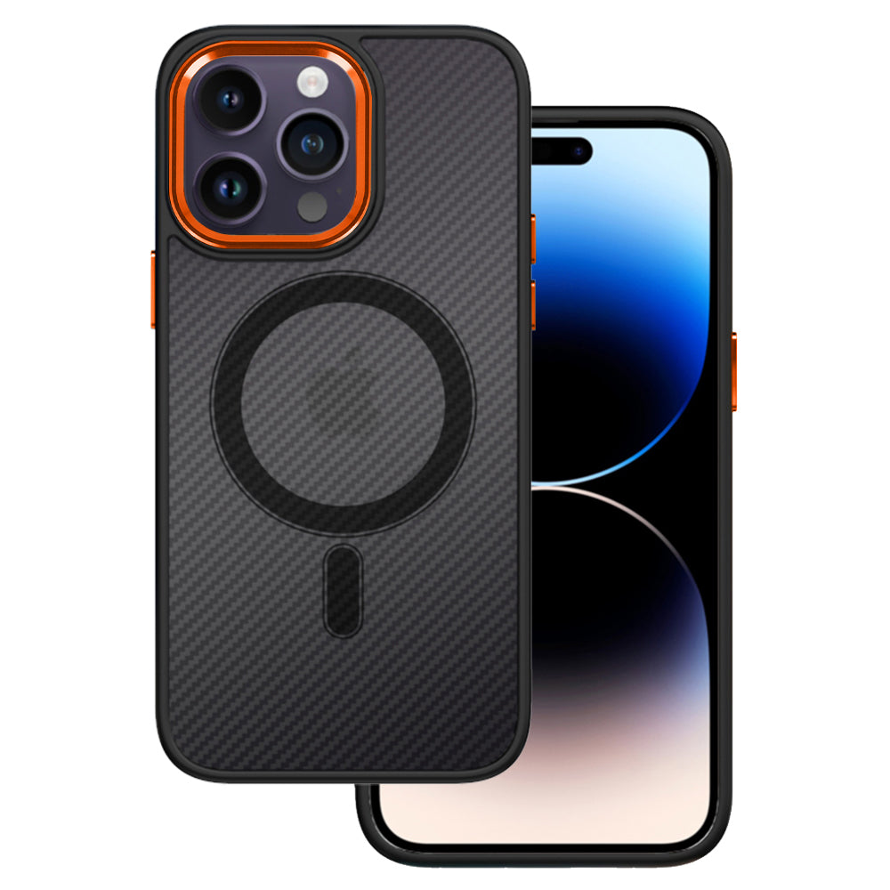 Husa Tel Protect Magnetic Carbon pentru iPhone 15 Plus Negru-Portocaliu