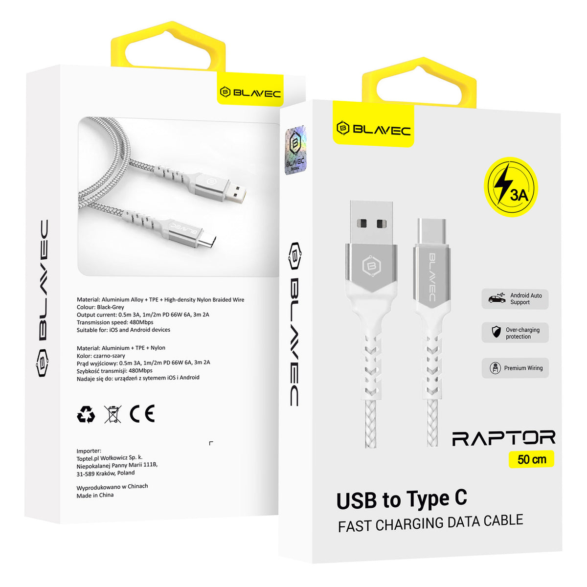 Cablu Blavec Raptor Braided - USB To Type C - 3A 0,5 Meters Apple Carplay/Android Auto (Cra-uc3ws05) Alb-Argintiu