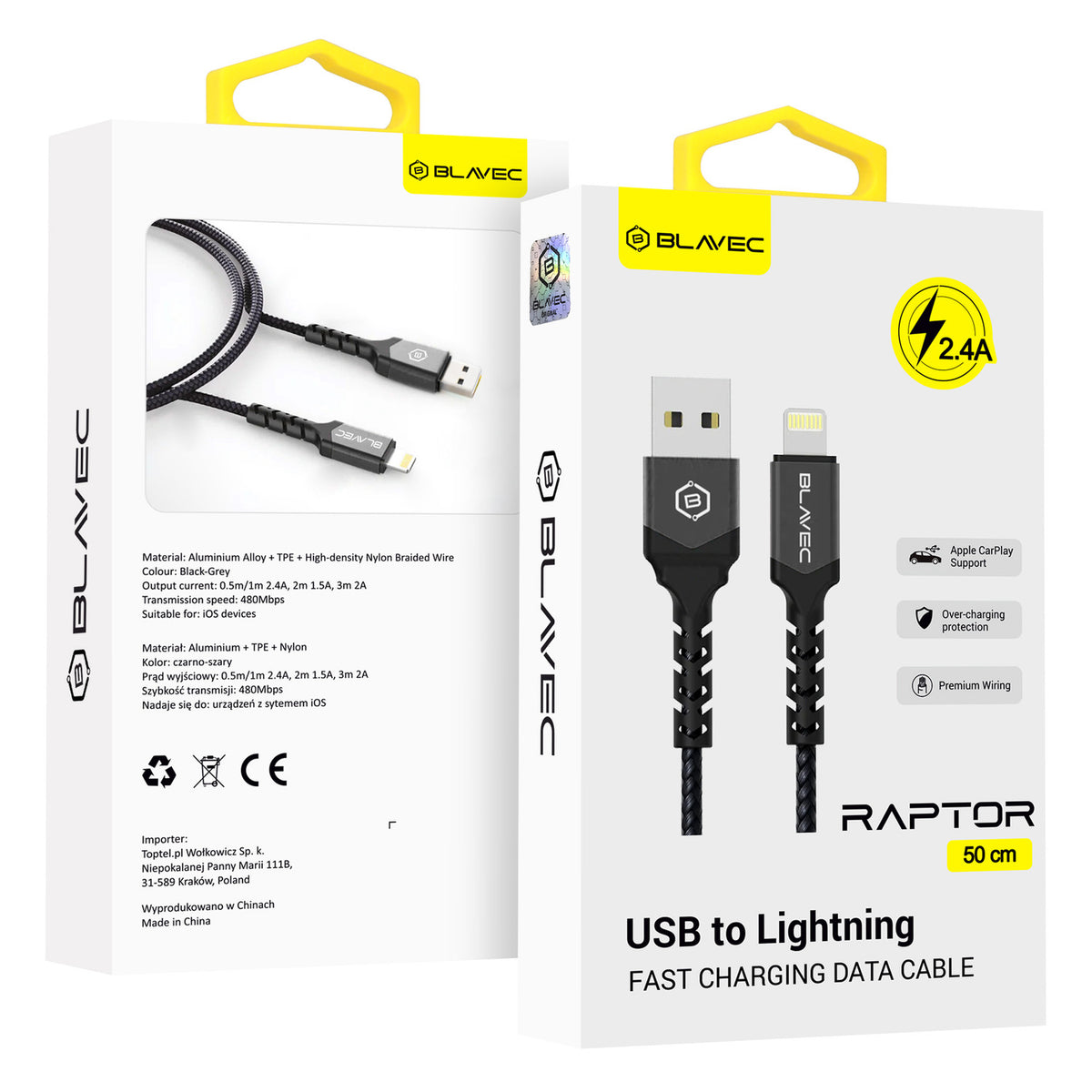 Cablu Blavec Raptor Braided - USB To Lightning - 2,4A 0,5 Metres Apple Carplay (Cra-ul24bg05) Negru-Gri