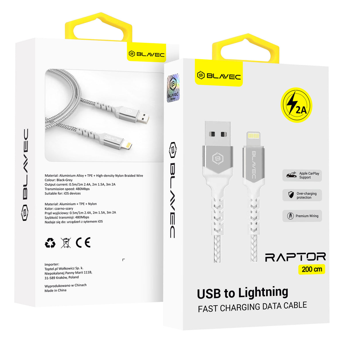 Cablu Blavec Raptor Braided - USB To Lightning - 2A 3 Metres Apple Carplay (Cra-ul2ws30) Alb-Argintiu