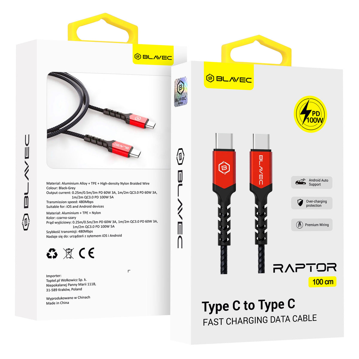 Cablu Blavec Raptor Braided - Type C To Type C - PD 100W 5A 1 Metre Apple Carplay/Android Auto (Cra-cc5br10) Negru-Rosu