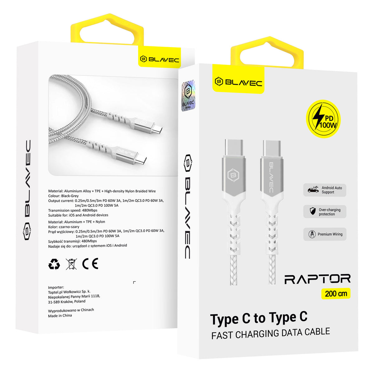 Cablu Blavec Raptor Braided - Type C To Type C - PD 100W 5A 2 Metres Apple Carplay/Android Auto (Cra-cc5ws20) Alb-Argint