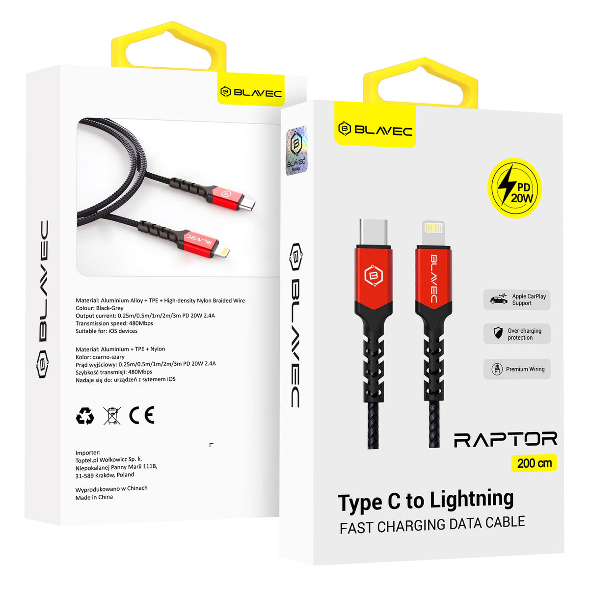 Cablu Blavec Raptor Braided - Type C To Lightning - PD 20W 2,4A 2 Metres Apple Carplay (Cra-cl24br20) Negru-Rosu