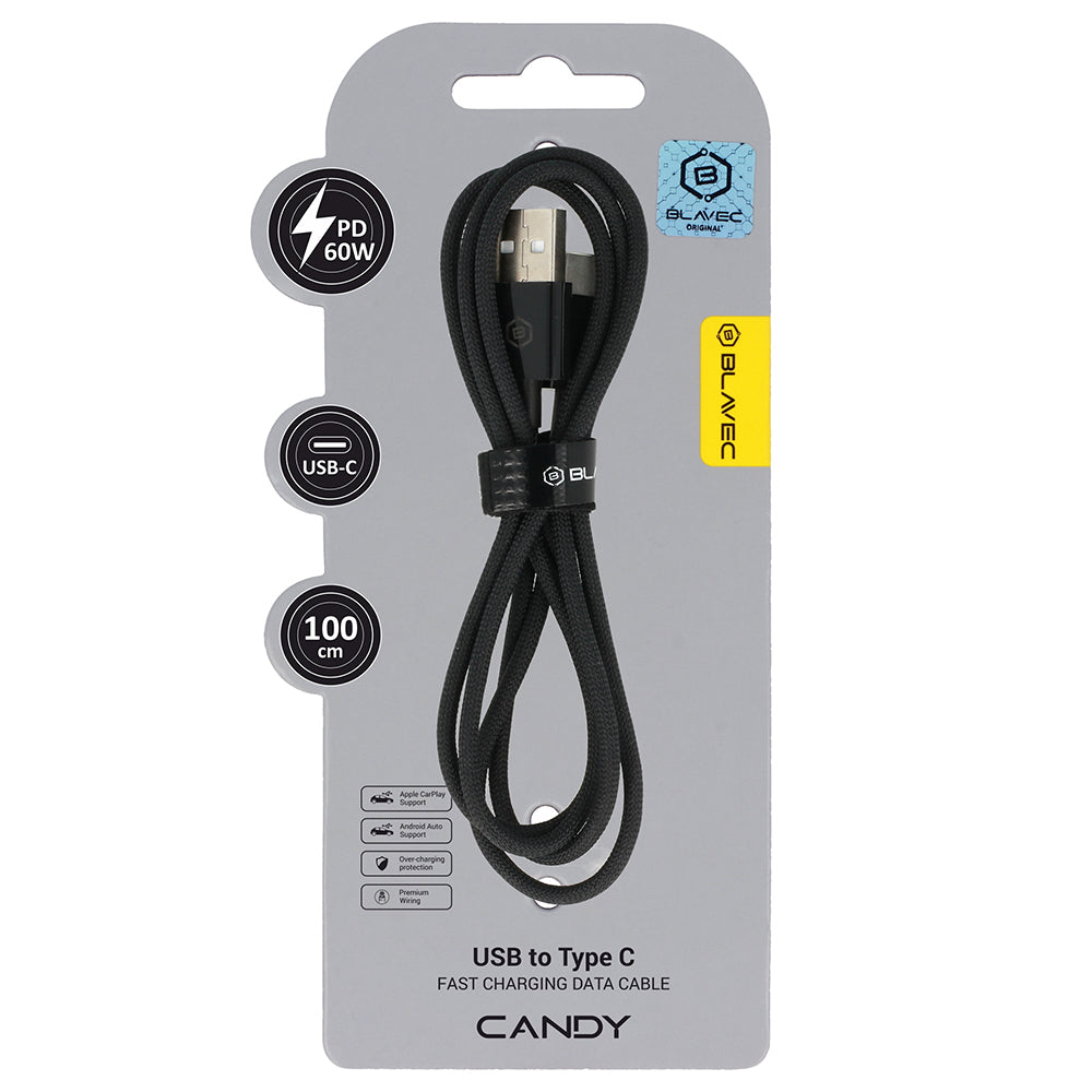 Cablu Blavec Candy Braided - USB To Type C - PD 60W 3A 1 Metre Apple Carplay/Android Auto Negru